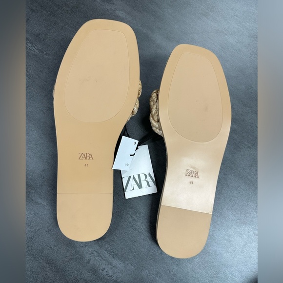 NWT Zara Natural Straw Woven Raffia Slides Flat Sandals - Picture 3 of 4
